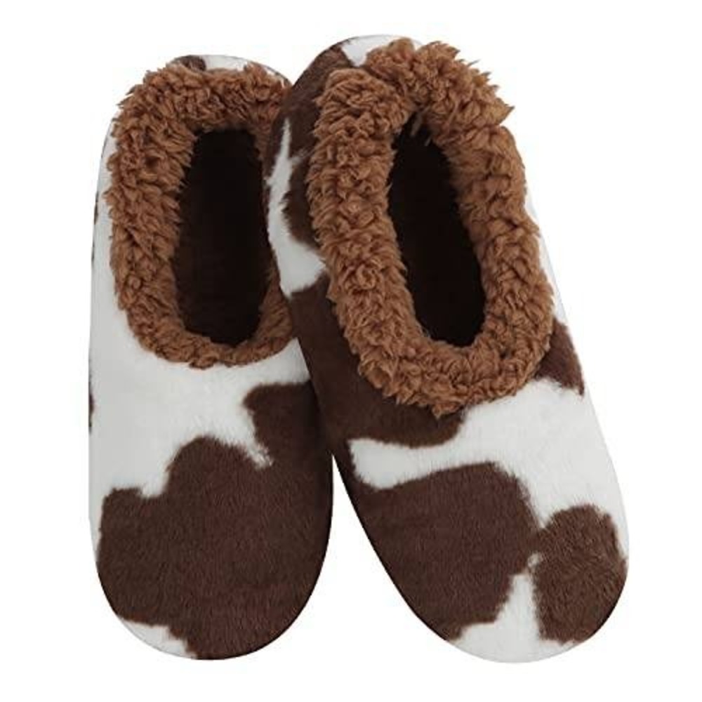Snoozies Women Cow Print Sherpa Lined Slippers Brown White Anti-Skid 7/8 NWT